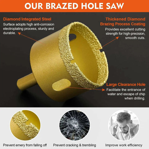 Close-up of brazed diamond hole saw for ceramic tile, glass, porcelain, marble, and granite with anti-corrosion coating and clearance holes
