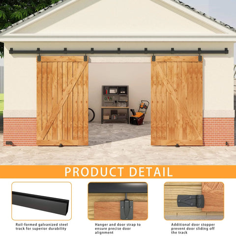 Beefy Heavy Duty 14Ft Exterior Barn Door Hardware Kit For Two Sliding Doors, Wall Mount Track System With Seven Brackets