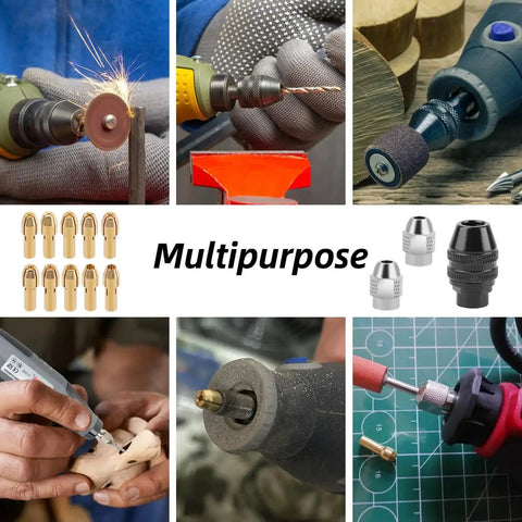15 Piece Drill Chuck Collet Set For Rotary Tools with Quick Change Brass Nut in various tool applications
