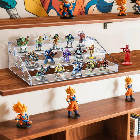 Clear Acrylic Miniature Display Shelf 2.75 Inch Wide Three Tier Stand showcasing figures on wooden shelf