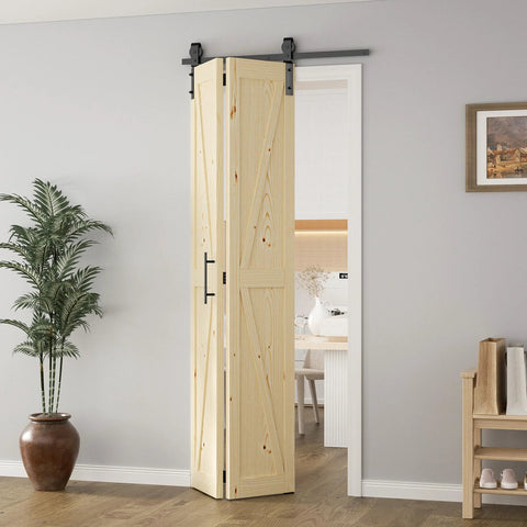 Installed 30-Inch By 84-Inch Bifold Barn Door With Hardware Kit, Unfinished Solid Pine Wood Folding Closet Door in modern rustic style.