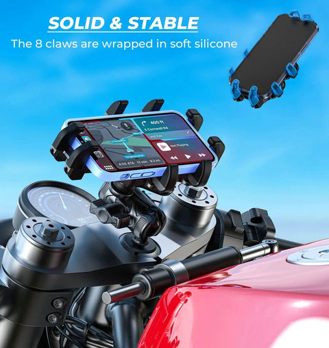 Motorcycle Fork Stem Phone Mount With Vibration Dampener And Anti Shake For A Rock Solid Grip installed on motorcycle handlebar