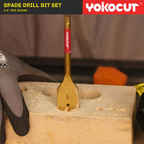 Spade Drill Bit Set 6 Piece Paddle Bits Three Eighths To One Inch With One Quarter Hex Shank For Woodworking shown drilling wood