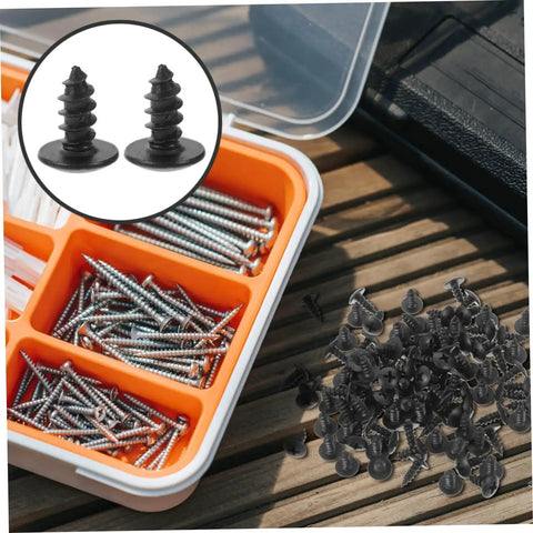 Miniature Screw Set 100 Pieces Tiny Fasteners for Furniture Repair with assorted metal screws in a divided orange case