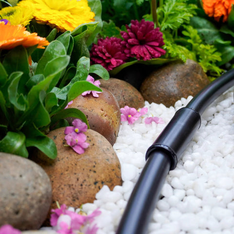 Black 1/2 in compression coupling on poly drip irrigation tubing in a garden bed with white gravel.