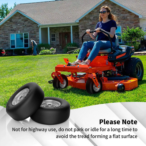 Front Flat Free Lawn Mower Tire And Wheel Replacement For Zero Turn Mowers 13x6.50-6 shown in use with a riding lawn mower