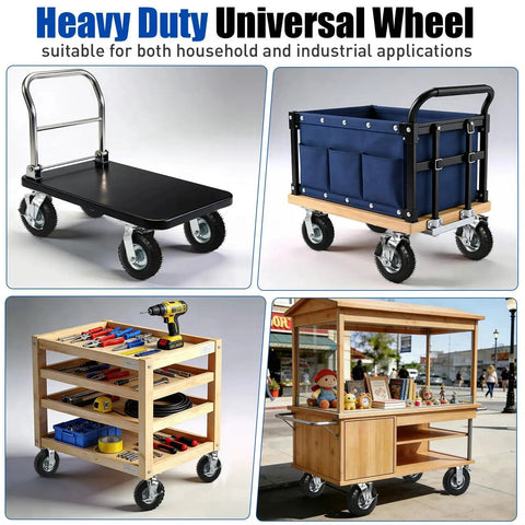 Eight-inch pneumatic caster wheels, set of 4, heavy-duty rubber with brakes for carts and workbenches.