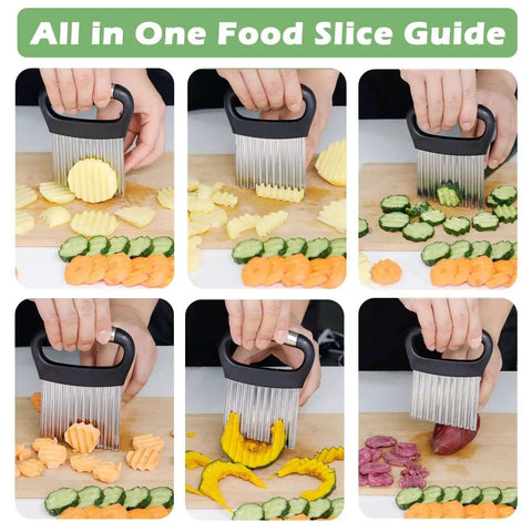 Big Crinkle Cutter For Veggies And Fries With Easy Grip Handle slicing cucumbers, carrots, and potatoes into wavy chips and fries.