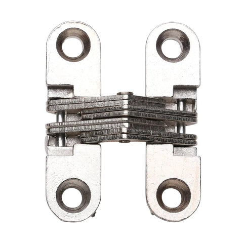 Front view of Hidden Cabinet Door Hinge Set 180 Degree Full Open One And Three Quarters Inch Height Nickel Finish Concealed Corner Lazy Susan Hinge For Wooden Cabinets Cupboards Wardrobes Secret Door Projects Screws Included 4 Pack Rok Hardware