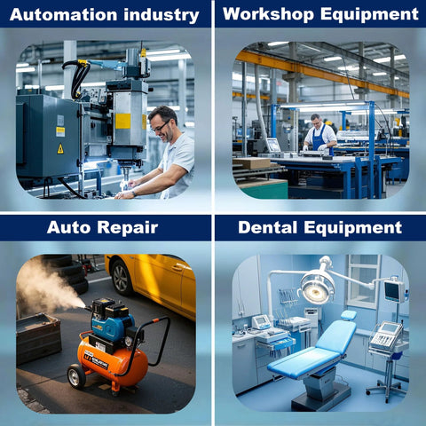 Push-to-connect pneumatic fittings kit for 4–12 mm air lines with tube cutter; industrial collage scenes.