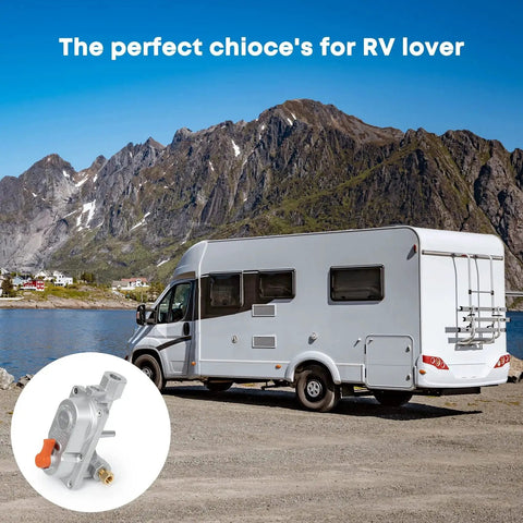 RV parked by mountains with Two Stage Auto Changeover Propane Regulator For Campers RVs And Trailers inset.