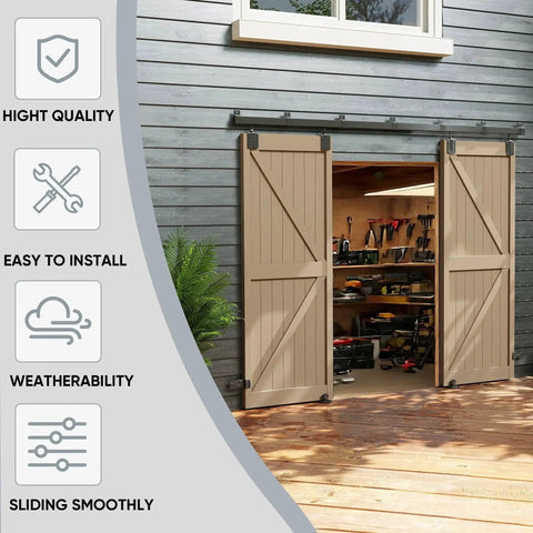 Installed 10 Foot Box Rail Exterior Barn Door Hardware Kit For Two Doors System Wall Mount Sliding Track Kit Black Heavy Duty