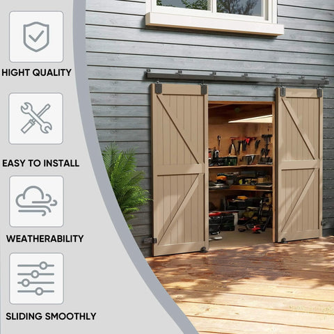 Installed 12 Ft Box Rail Exterior Barn Door Hardware Kit For Two Doors Built Tough Heavy Duty Sliding Track System Wall Mount
