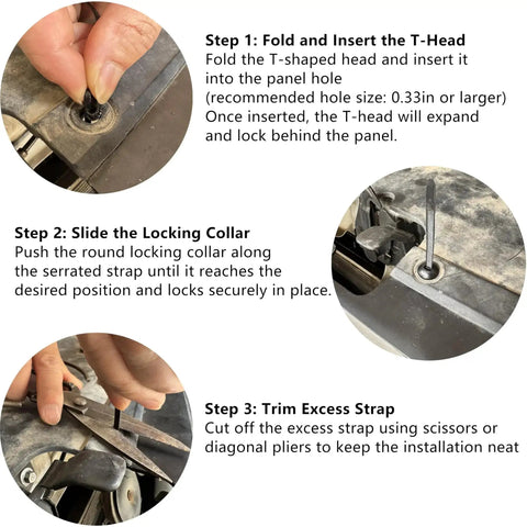 Installation steps for Universal Nylon Cable Tie Buckle Must Have Kit For Cars With One Way Locking Zipper Clips T Style Zip Ties.