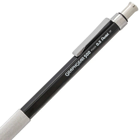 Graph Gear 500 Automatic Drafting Pencil 0.5mm with slick black barrel and slim beveled grip, perfect for precision technical drawing.