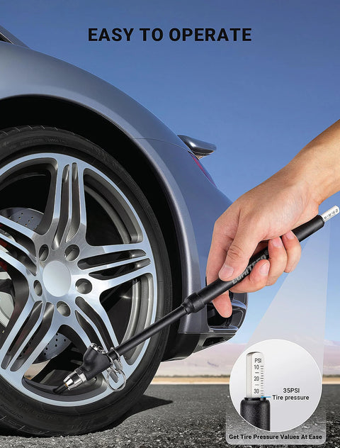 LUMITECO dual-head pencil-style tire pressure gauge with extended tube beside car tire; 35 PSI inset