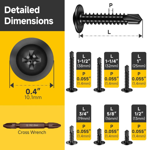 Detailed dimensions of All In One 185 Piece 8 Self Tapping Screws Kit for Metal Plastic and Wood, showing various lengths and sizes.
