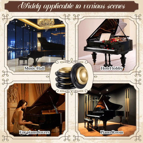 4 Pcs Piano Caster Cups Set For Hardwood Floors Metal Rubber Construction showing use in music hall, hotel lobby, piano room, and with pianist