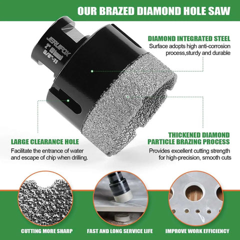 Close-up of All In One Diamond Hole Saw Kit showcasing diamond core drill bit for tile and granite with anti-corrosion steel.
