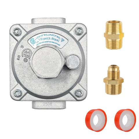 1/2 Inch Gas Pressure Regulator For Natural Gas And LPG Interchange With 2 Brass 1/2 Inch NPT Adapters, front view