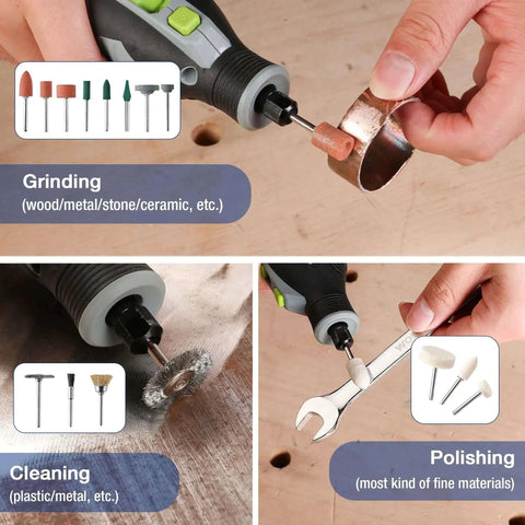 Close-up of All In One 530 Piece Rotary Tool Accessory Kit for grinding, cleaning, and polishing metal surfaces.