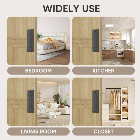 8-3/5 Inch Sliding Barn Door Handle Matte Black Finger Pull Flush Mount shown installed in bedroom, kitchen, living room, and closet.