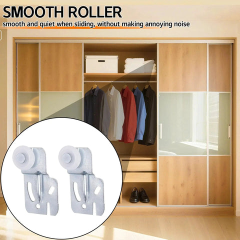 Sliding Closet Door Roller Kit With Slide Track For Top Hung Wardrobe Doors, 10 Pcs Set Including 4 Front Rollers, shown in front view