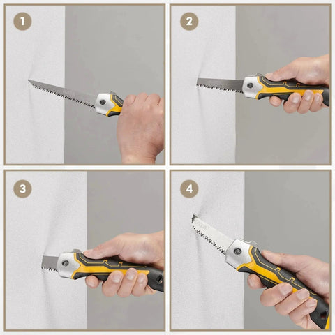 Folding Drywall Jab Saw With Soft Grip Handle For Clean Wallboard Cuts And PVC, 65Mn Steel Blade shown cutting drywall