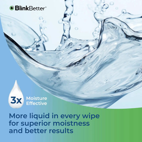 Splash of liquid highlighting moisture in Tea Tree Eyelid Wipes For Blepharitis And Dry Eye Relief Dual Textured Pack.
