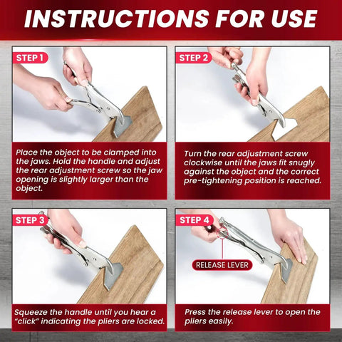 Instructional steps using Heavy Duty 10 Inch Locking Sheet Metal Clamp With Adjustable Pliers for woodworking with emphasis on clamping.