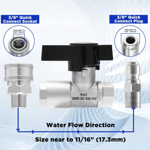 PWACCS ball valve pressure washer, front view with black handle, stainless steel body, 3/8" quick-connect ends, 5000 PSI