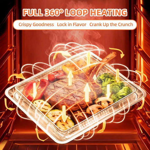 Replacement Air Fryer Tray For TOA 60 65 70 And Similar Sized Convection Toaster Ovens with food showing 360-degree heating
