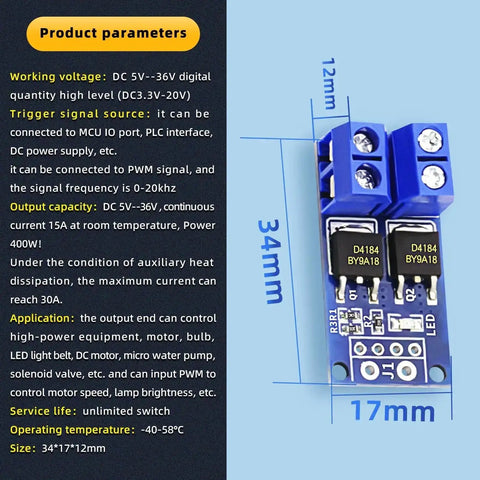 12 Pack High Power MOSFET Trigger Switch Drive Module 5V-36V DC PWM Controller, dual channel, dimensions 34x17x12mm