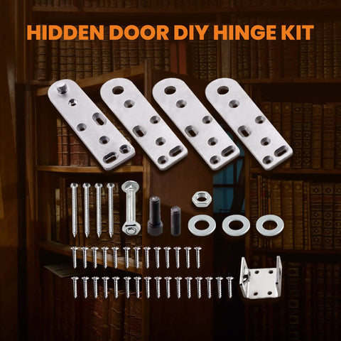 Hidden Bookcase Door Pivot Hinge Kit For Secret Doors With 500 lb Capacity shown with screws and plates in library setting