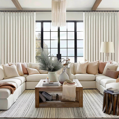 96 Inch Long Natural Pinch Pleated Blackout Curtains With Thermal Insulation And Linen Look One Panel 72W By 96L Inches in living room
