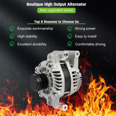 Beefed Up Alternator Replacement For 2014 2019 Jeep Cherokee 2017 2022 Compass Renegade 2015 2021 Ram ProMaster City 2015 2022 Chrysler 200 2015 2017 Fiat 500X 2016 2018 Two Point Four Liter 12 Volt 160 Amp CW SD6 Pulley OE 11554 on fiery background
