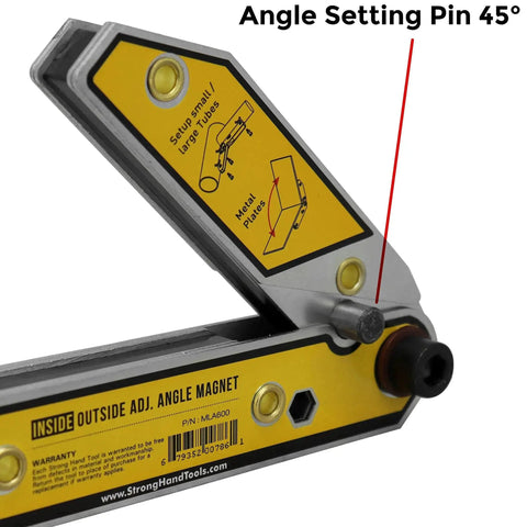 Adjustable Angle Magnetic Welding Square With Inside And Outside Magnets, 6 Inch Fixture, showing angle setting pin at 45°