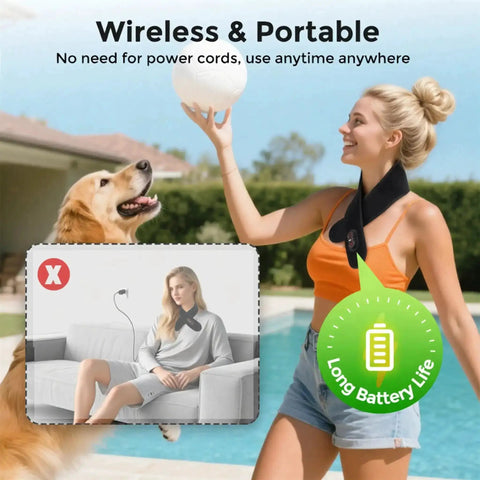 Woman enjoying Portable Heated Neck Massager Wrap with 3 Heat Levels and 3 Vibration Modes outdoors with dog, highlighting wireless use