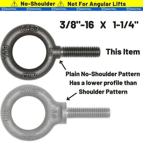 10 Pack Industrial Grade No-Shoulder Lifting Eye Bolts 3/8-16 By 1-1/4 Inch, Vertical Pull Only, showing two no-shoulder bolts, ASME certified.