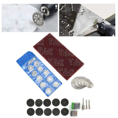 88 Piece Electric Sander Accessory Kit with circular saw blades, sandpaper, grinding discs, 8 hole saw blades, high speed steel bits, resin sheets.