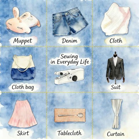 Illustration showing sewing applications: muppet, denim shorts, cloth, cloth bag, suit, skirt, tablecloth, curtain, sewing machine.
