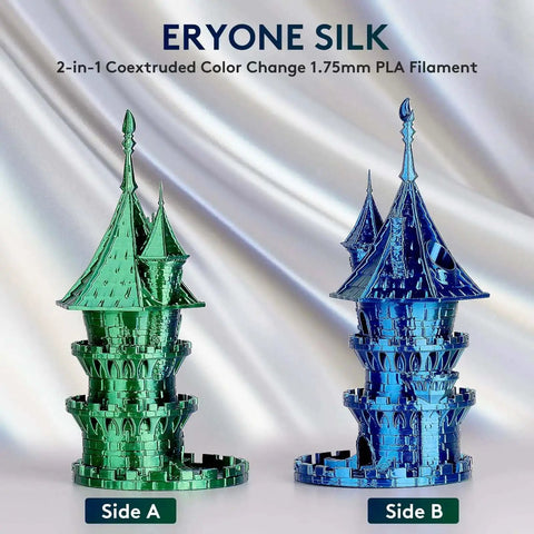 Side view of 3D printed blue and green tower models made with Silk Dual Color PLA Filament For 3D Printers 1.75mm Tolerance 0.03mm 1kg.