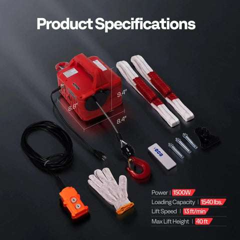3-In-1 Electric Hoist Winch 1540Lb Lift With Wireless Remote And Wired Control, showing wires, straps, and control handles