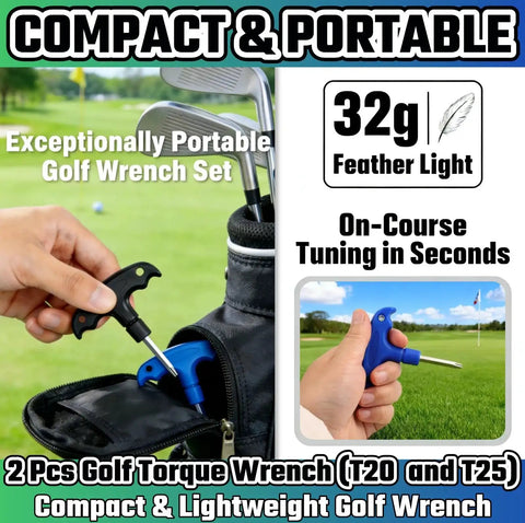 Front view of two-piece golf torque wrench set (T20/T25) with blue handles in a golf bag