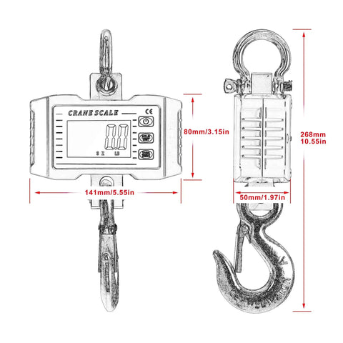 Heavy Duty Digital Crane Scale 1000kg 2000lb For Indoor Outdoor Use, High Accuracy Hanging Scale With Backlit LCD, dimensions shown