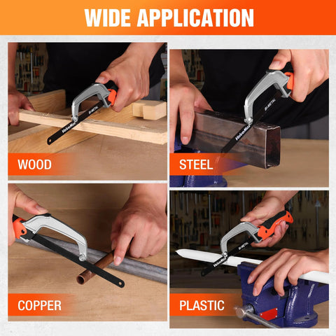 Ultra Compact Mini Hacksaw With Bi Metal 10 Inch Blade Aluminum Frame Dope Lightweight Metal Cutter For Wood PVC Iron Copper Perfect For Tight Spaces And Small Projects in use cutting wood, steel, copper, and plastic.