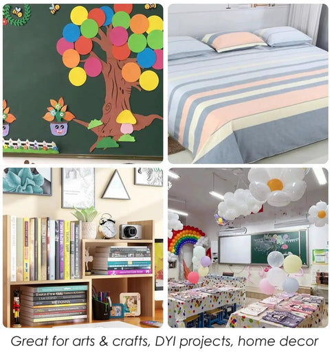 Collage of arts and crafts, bedroom decor, organized bookshelf, and decorated classroom with balloons and colorful displays.
