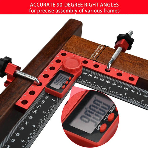Four Pack 90 Degree Right Angle Clamps With Storage Box Aluminum Alloy Precision Positioning Squares 5.5 by 5.5 Inches CNC Machined for Picture Frames Boxes Cabinets Drawers Woodworking Projects showing clamps attached to wood.