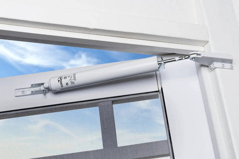 Corrosion Resistant Screen Door Hardware Kit With Pneumatic Closer And Push Button Latch For Out Swinging Doors No Lockout Feature Includes Hold Open Washer And Jamb Bracket White installed view