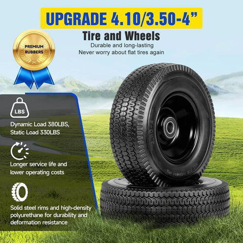 Solid Tire Set For Hand Trucks And Wheelbarrows With Ten Inch Flat Free Tires Size Four Point One Zero By Three Point Five Zero Four Five Eighths Inch Axle Bore Two Point Two Inch Hub Offset Includes Adapter Kit Two Pack displayed on grassy field